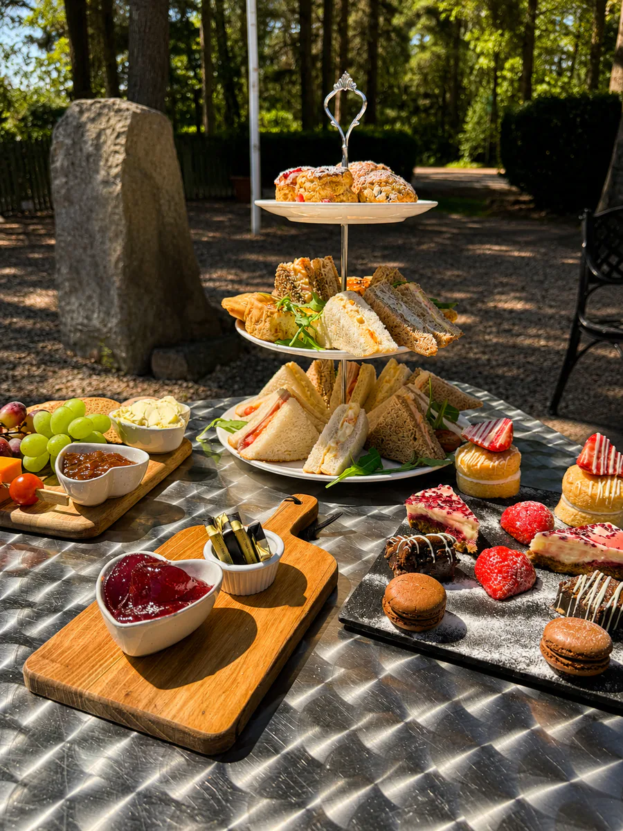 Afternoon tea spread served outdoors