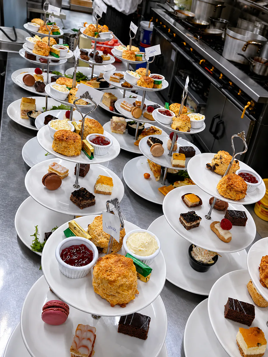 Afternoon tea stands prepared in the kitchen